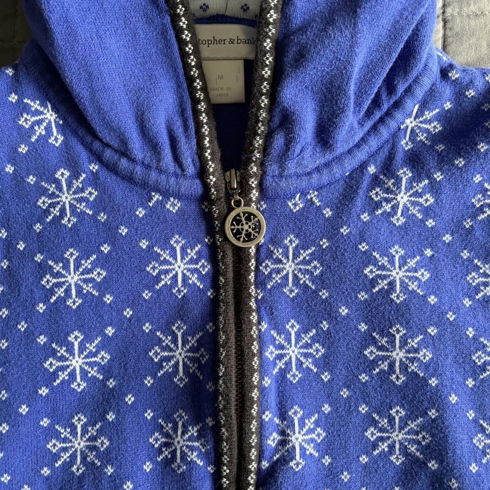 VTG Medium 90s Blue Hooded Snowflake Sweater Vest Zipper Cottage Nordic Scandi - Picture 3 of 10